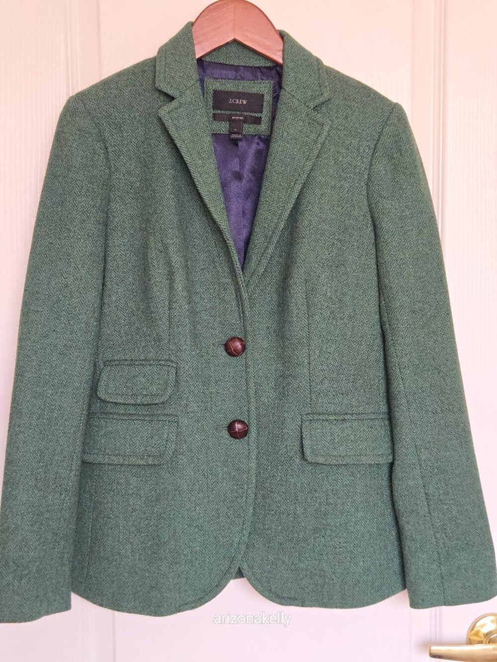 NWOT J. Crew Hacking Blazer Jacket 100% Wool Herringbone Green Leather Buttons 0 - Picture 16 of 16